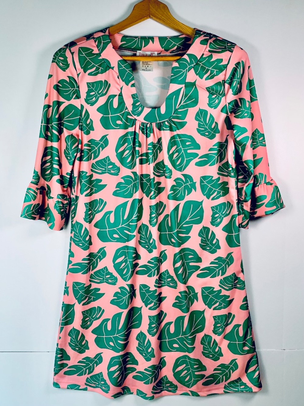 Tropical palm leaves v-neck mini tunic summer dress pink/green ruffled sleeves